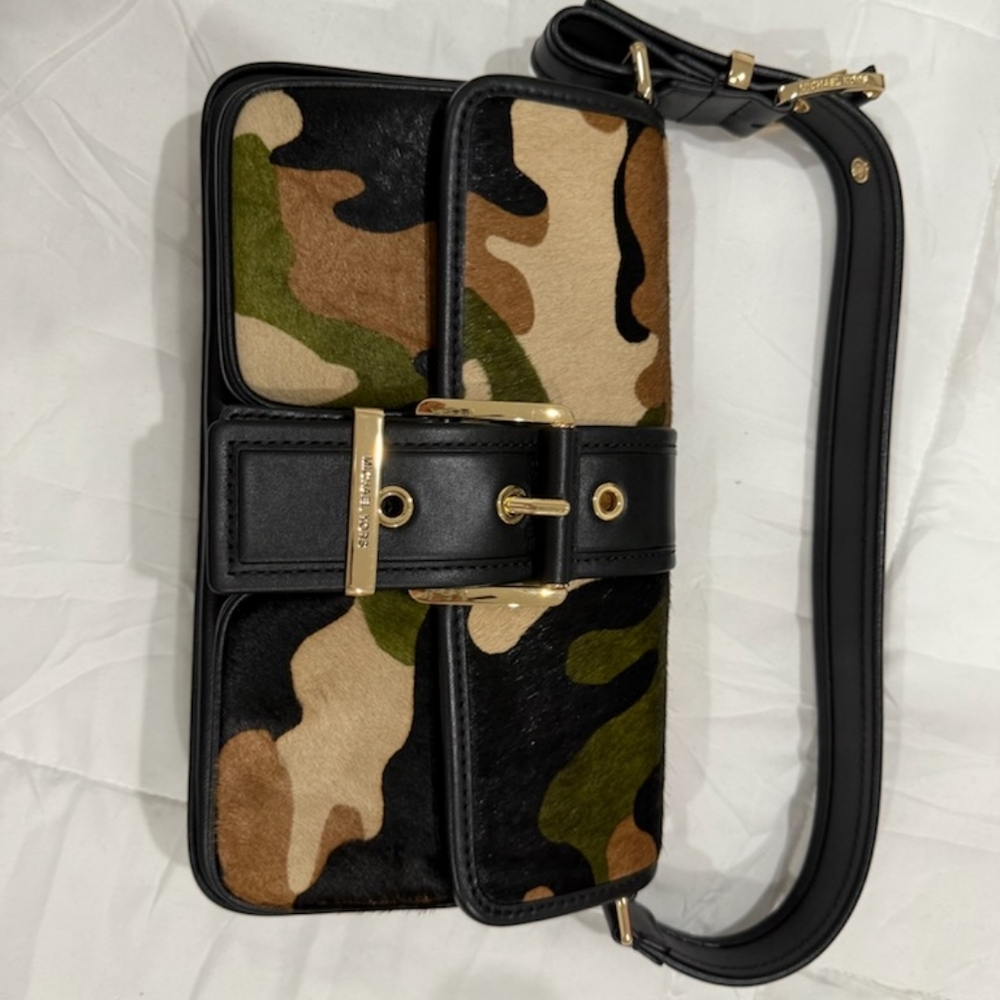 Camouflage and Black Leather Shoulder Bag